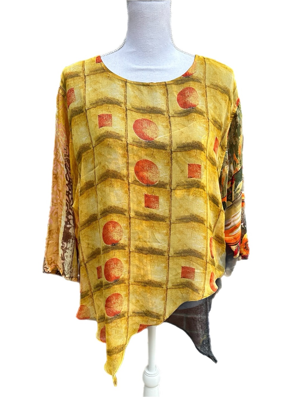 NWT Sterling Styles Asymmetrical Yellow Geometric Print Women's Silk Top